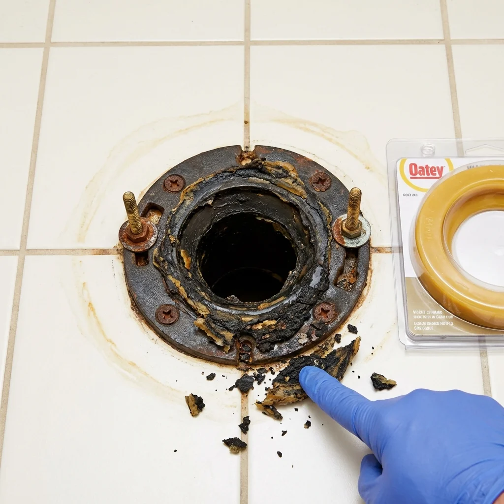 Failed wax ring showing water seepage at the base of a toilet in a York, NE home
