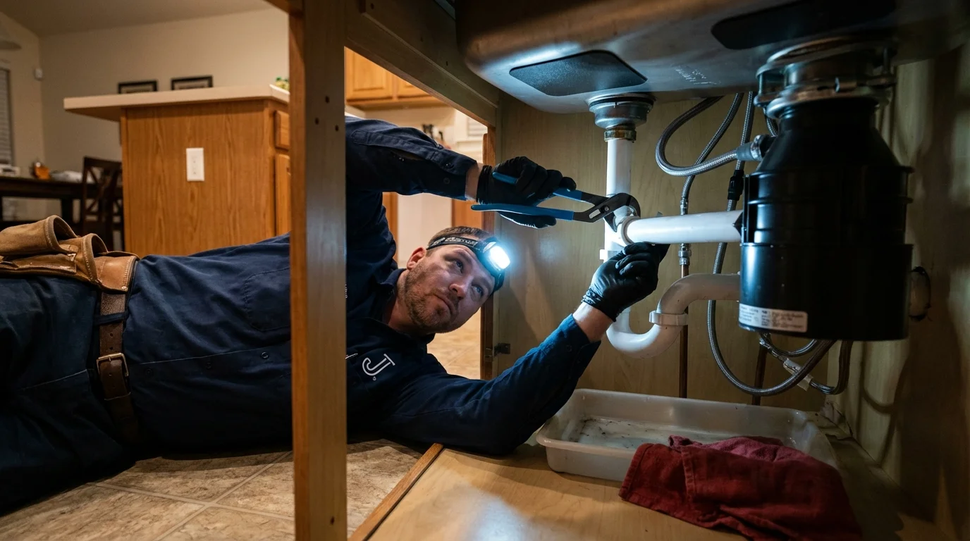P-trap and supply line connections under a kitchen sink showing a common leak point in York, NE